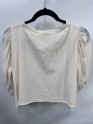 Free People Women's Cream gathered Puff-Sleeve Button Neck Top neckline thumbnail 9