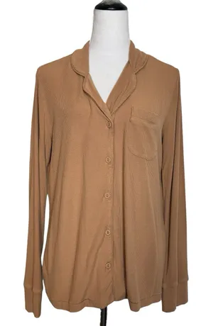 Skims Sienna Soft Lounge Ribbed Long Sleeve Pajama Top Size S Brown Button Up thumbnail 1