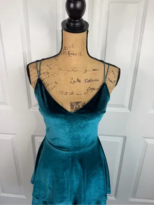 Altar’d State Teal Velvet Tiered Mini Dress Spaghetti Strap Sz S NWOT thumbnail 2