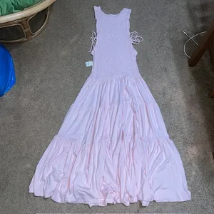 Free People Free-est Sterling Smocked Tiered‎ Maxi Dress Chalk Pink Large thumbnail 5