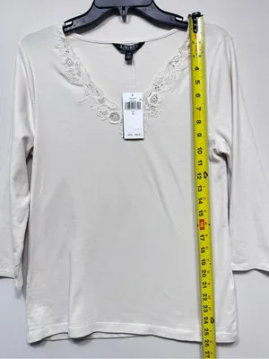 Lauren ralph lauren Lace-Trim Stretch Cotton 3/4 sleeve Top size large nwt thumbnail 5