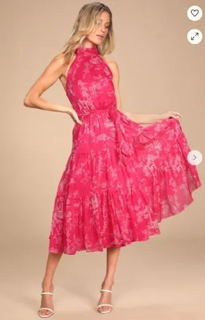 LULU's Floral Sexy Flowy Chic Halter Neck Modern Hot Pink Midi Dress NWOT thumbnail 1