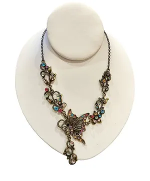 Brass-Tone Multi Color Rhinestone Butterfly Flower Charm Necklace thumbnail 1