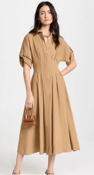 Veronica Beard Adavi Pleated Button-Front Dress Size 4 in Light Brown thumbnail 1