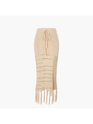NWT [SET] Micas Knit Fringe Maxi Skirt M Beige Tassel Sheer Slit Bandeau Top thumbnail 15