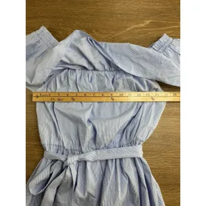 Flying Tomato Dress Women's L Blue White Pinstripe Off Shoulder Embroidered Boho thumbnail 6