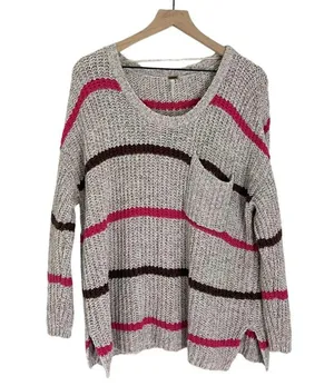 Free People Complete in Stripes Slouchy Oversized Sweater Grey Pink Brown XS thumbnail 2
