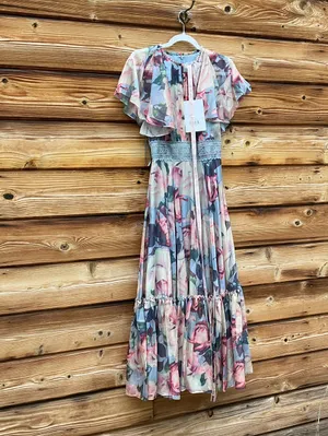 Mac Duggal Size 2 Blue Floral Flutter Lace Trim Midi Dress Gown thumbnail 7