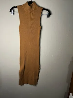 M Magaschoni Camel‎ Ribbed Knit Mock Neck Side Slit Midi Sweater Dress thumbnail 2