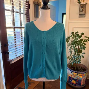 CAbi EUC #3169 Darby Cardigan Women's Vibrant Button-Up Ribbed Blue Cardigan thumbnail 2