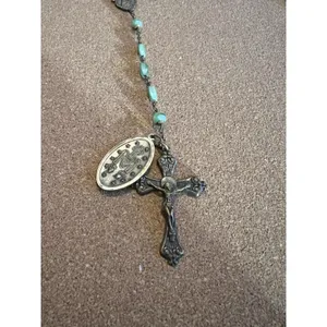 Art Deco Style RosaryAqua Glass Beads Silver-Tone Crucifix Saint Therese 1930’s thumbnail 3