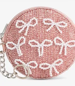 On 34th Hand Beaded Round Pink with White Bows Coin Purse thumbnail 1