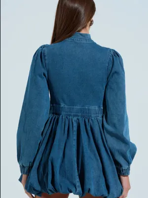 AKIRA Blue Denim Long-Sleeve Bubble Dress with Front Zip thumbnail 2