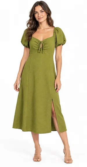Monteau Los Angeles M Olive Green Puff Sleeve Midi Dress Cottagecore Boho Brunch thumbnail 1
