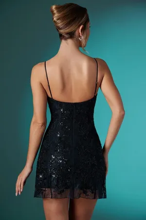 Oh Polly LALITA Embellished Lace Mini Dress in Black thumbnail 2