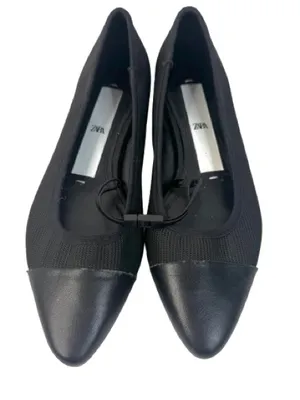 Zara Black Pointed Toe Knit Ballet Flats with Cap Toe thumbnail 1