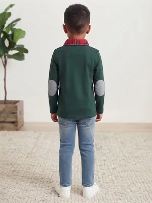 Andy & Evan Long-Sleeve Polo with Red Plaid Collar and Dark Green Body thumbnail 2