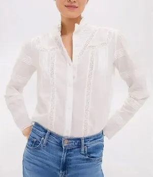 The Shirt Rochelle Behrens Priya Shirt XS White Linen Top Victorian Prairie Lace thumbnail 1