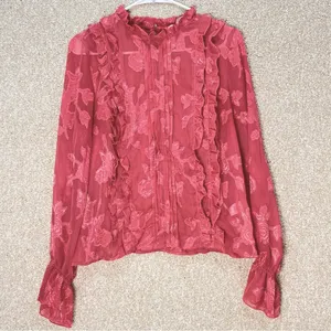 Leith floral blouse sheer ruffle pleated front keyhole‎ back coquette FLAWS thumbnail 2