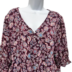Lucky Brand Women Boho Cottage Floral Top XL Maroon Romantic Fairy Whimsical thumbnail 3
