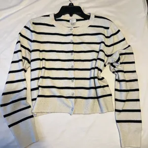 Classic Cream & Navy Blue Striped Cardigan Sweater thumbnail 1