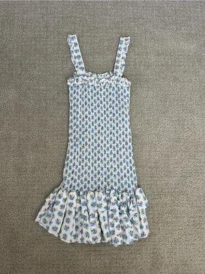 Smocked Blue Floral Ruffle-Hem Mini Dress Size XS thumbnail 3