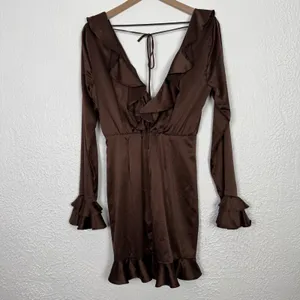Majorelle Nelly Satin Ruffle Long Sleeve Mini Dress in Brown Size Medium thumbnail 3