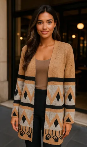 By Design Long Sweater Cardigan Geometric Boho Knit‎ Open Front Boho Western M thumbnail 1