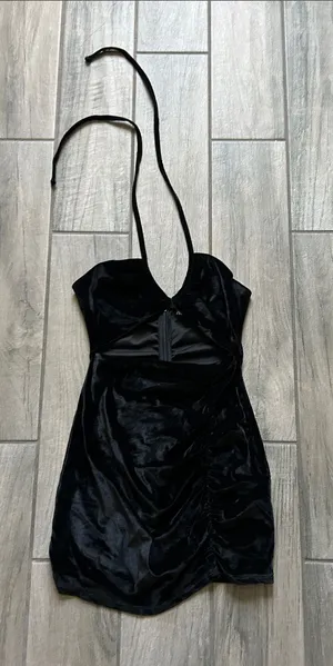 Zara Black Velvet Halter Mini Dress thumbnail 1
