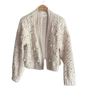 Anthropologie Embellished Pearl Open Cream Cardigan thumbnail 1