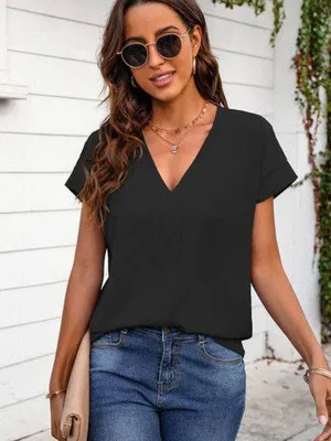 NWT V‑Neck Short Sleeve Blouse Black Women’s Everyday Top Size XLarge thumbnail 2