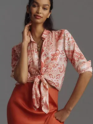 Pilcro Anthropologie Romy Relaxed Buttondown blouse size medium printed boho thumbnail 3