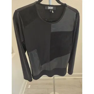 DKNY Faux Leather Suede Patchwork Top Black Mixed Media Long Sleeve Women Size M thumbnail 2