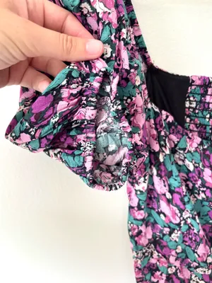 ASTR the Label Teal Purple Floral Puff Sleeve Midi Dress Ruched Slit Prairie thumbnail 5