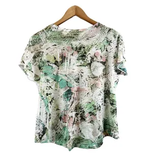 Tryst Womens S T-Shirt‎ Twist Front Round Neck Abstract Green Pink White Active thumbnail 2