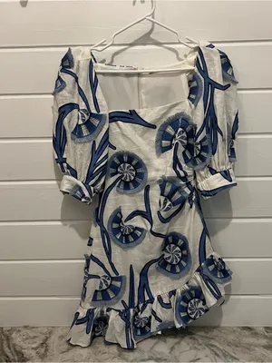 Alexis White Mini Dress with Blue Abstract Fan Print and Puff Sleeves thumbnail 2