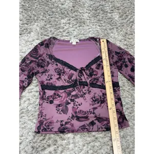 Derek Heart Y2K Purple Mesh Floral Lace Trim Long Sleeve Crop Top Grunge Blouse Women’s M thumbnail 10