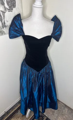 VTG 80s Blossoms by Loralie Dress Velvet Blue Iridescent Taffeta Prom Gown thumbnail 1