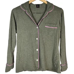 J. Crew Dreamy long-sleeve cotton pajama set XS Olive Green Pink Piping AC318 thumbnail 2