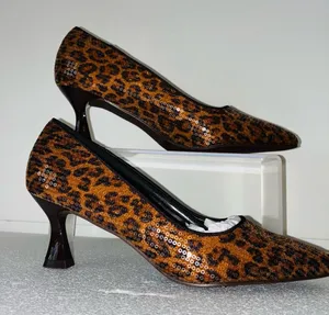 Brown Leopard Print Sequins Heels with Sculptural Curved Heel thumbnail 1