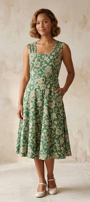 Effies Heart Green Floral Cage Strap Midi Dress S Belted Pockets Stretch Cotton‎ thumbnail 1
