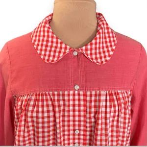 Vintage Red Gingham Smock Dress Peter Pan Collar Pockets Picnic Cottage Midi thumbnail 4