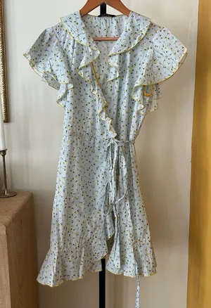 Tara Jarmon Ditsy Floral Stripe Wrap Dress Ruffle Mini Short Size 36 US 2-4‎ thumbnail 1