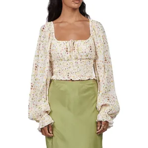 Charlie Holiday Bobby Floral Smocked Crop Top Blouse Puff Sleeve Cottagecore thumbnail 4