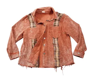 POL Large Corduroy Plaid Mixed Media Shacket Rust Orange Distressed Boho Country thumbnail 1