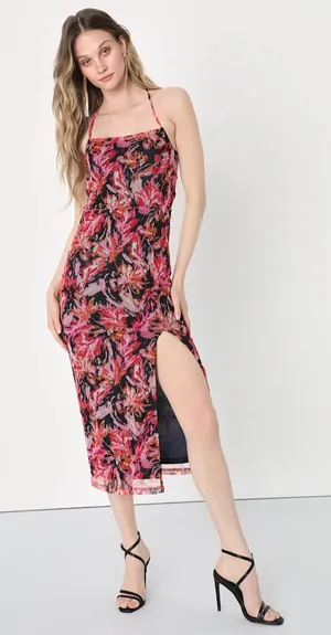 🩷Lulu's‎ My Favorite Attention Navy Blue Floral Mesh Lace-Up Midi Size Medium thumbnail 1