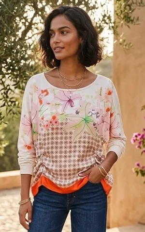 Anthropologie TINY Mixed Media Floral Geo Ruched Dolman Top XS Oversized thumbnail 1