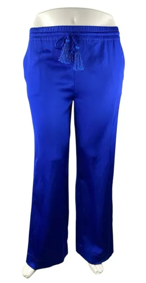 NEW Badgley Mischka Women's Blue High Rise Tassel Tie Wide Leg Trousers Pants L thumbnail 1