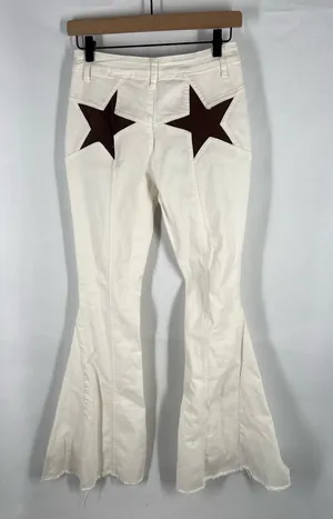 Wisteria Lane Back Suede Star Bell Jeans Size M Ivory Western Boho‎ Flare thumbnail 1