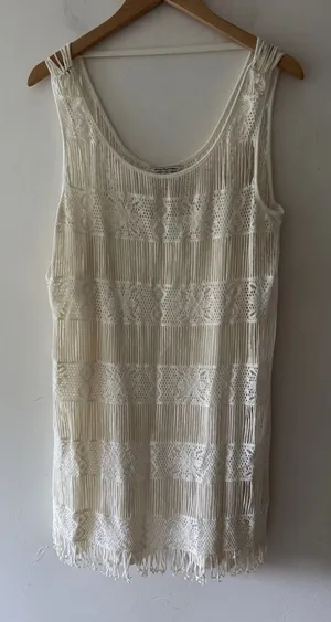 American‎ Eagle Cream Lace Fringe Sleeveless Boho Mini Dress thumbnail 1